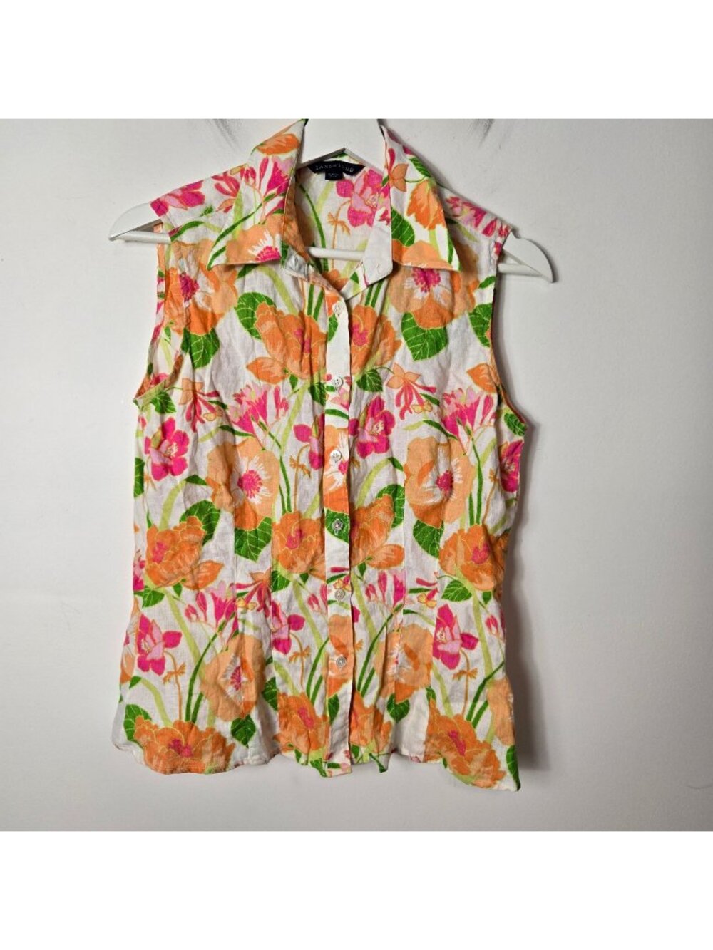 Lands' End Size 6 100% Linen Floral Tropical Sleeveless Button-Up Blouse